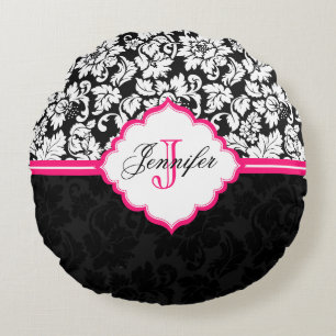 Zwarte witte en roze Floral Damaskers Rond Kussen