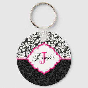 Zwarte witte en roze Floral Damaskers Sleutelhanger