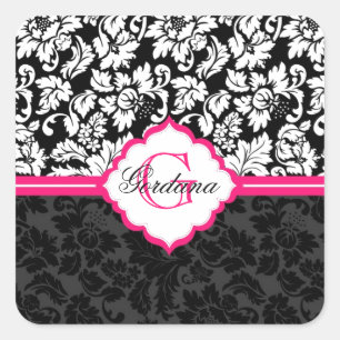 Zwarte witte en roze  Floral Damaskers Vierkante Sticker