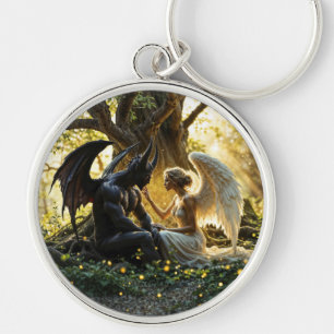 Zwarte witte engel demon mystiek bos sleutelhanger