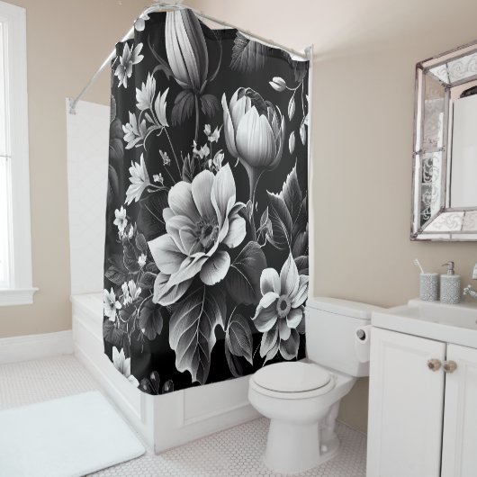 Zwarte witte flora douchegordijn (In situ)