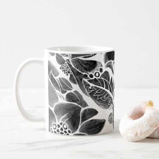 Zwarte witte flora koffiemok (Met donut)