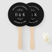 Zwarte witte Floral Botanical Wedding Couple Name Handwaaier (Voorkant en achterkant)