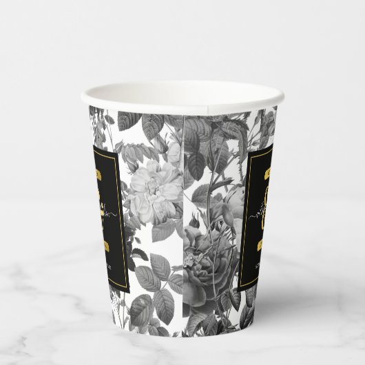 Zwarte, witte Floral Monogram Weddenschap Papieren Bekers (Rechts)