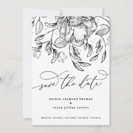 Zwarte witte florale kalligrafie Sla de datumkaart Feestdagenkaart