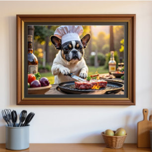 Zwarte witte Franse Bulldog Grill Chef Poster