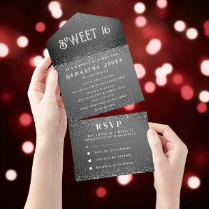 Zwarte witte glitter Sparkle Modern Sweet 16 All In One Uitnodiging