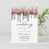 Zwarte witte goudroze glazen glitter druppelt brui kaart (Staand voorkant)