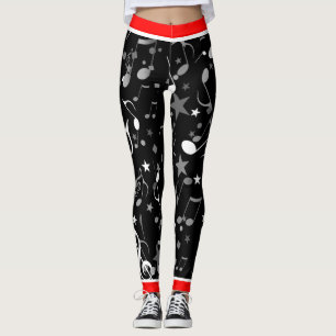 Zwarte witte grijze Muzieknoten en rode sierstrip  Leggings