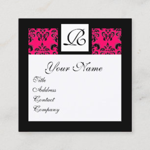 ZWARTE WITTE HOT PINK DAMASKSQUARE MONOGRAM VIERKANTE VISITEKAARTJE