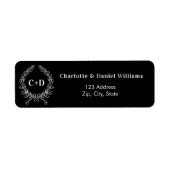 Zwarte witte initialen krans bruiloft retour adres etiket (Voorkant)