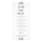 Zwarte, witte initialen, strepen bruiloft menukaar reclamekaart (Voorkant)