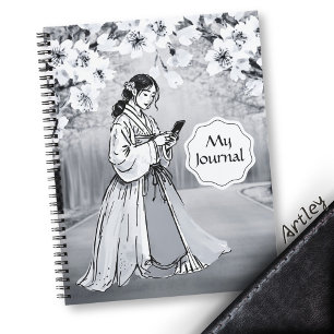 Zwarte witte Japanse vrouw Cherry Blossom Notitieboek