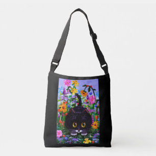 Zwarte witte kat en bloemen zomer crossbody tas