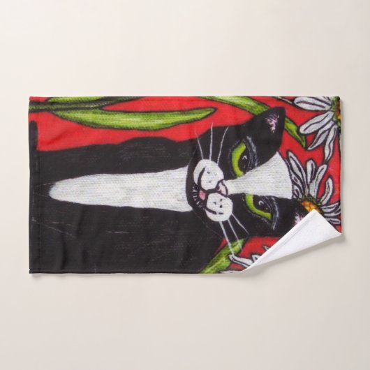 Zwarte Witte Kat Groene ogen Witte Daisies Rood Handdoek (Handdoek)