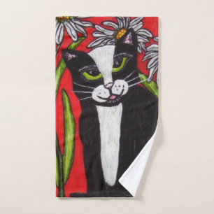 Zwarte Witte Kat Groene ogen Witte Daisies Rood Handdoek