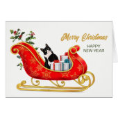 Zwarte witte kat Meowy-kerstminkaart (Voorkant Horizontaal)