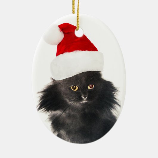 ZWARTE WITTE KERSTKAT MET SANTA CLAUS HOED KERAMISCH ORNAMENT (Achterkant)