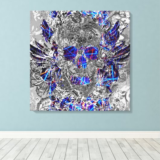 Zwarte witte, kleurrijke neonschedel canvas afdruk (Insitu (Houten vloer))
