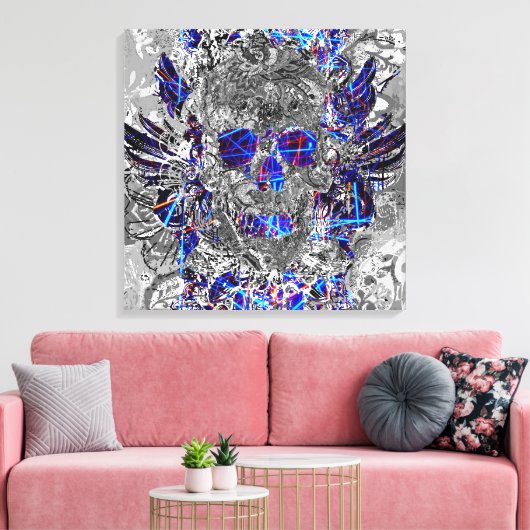Zwarte witte, kleurrijke neonschedel canvas afdruk (Insitu (Woonkamer))