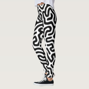 zwarte witte labyrint patroonlijn decoratieve modu leggings