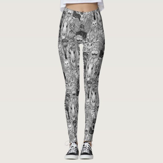 zwarte witte leggings met een cryptid menigte (Voorkant)