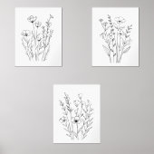 Zwarte Witte Lijn Getrokken Bloemen Set van 3 Wall (Voorkant)