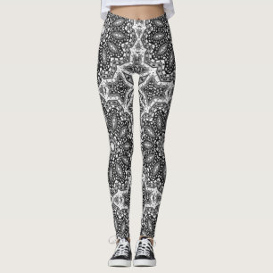 Zwarte witte mandala, kaleidoscoop, rond ornament leggings