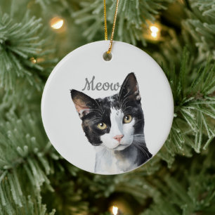 Zwarte witte miauw kat keramisch ornament
