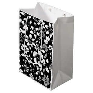 Zwarte witte moderne bloemen blaast medium cadeauzakje