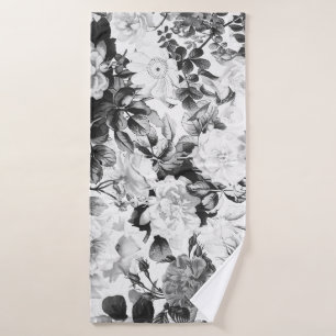 Zwarte witte moderne waterverf bloemen badhanddoek