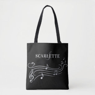 Zwarte & Witte Naam & Monogram Piano-Muzieknoten Draagtas