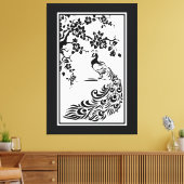 Zwarte witte pauw en kersenbloesems op maat canvas afdruk (Insitu (Woonkamer))