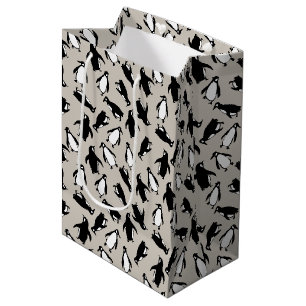 Zwarte witte pinguïnpatroon grijze achtergrond medium cadeauzakje