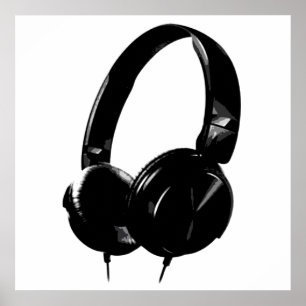 Zwarte witte Pop Art Style Headphone Poster