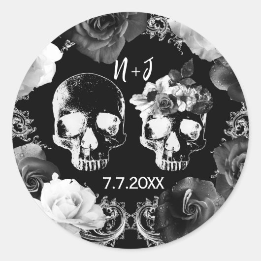 Zwarte witte Rozen Skeleton Skull Gothic Weddensch Ronde Sticker (Voorkant)