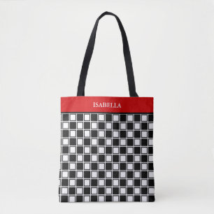 Zwarte-witte schaakpatroon met rode band chic draagtas
