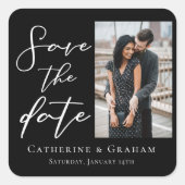 Zwarte Witte Script Koppel Foto Save the Date Vierkante Sticker (Voorkant)
