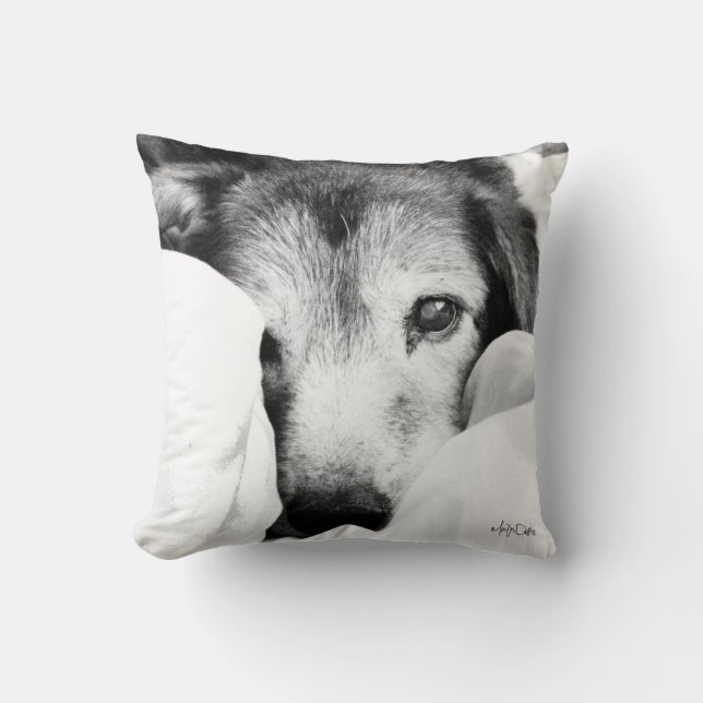 zwarte witte slaperige hond puppy shepherd pillow kussen (Voorkant)