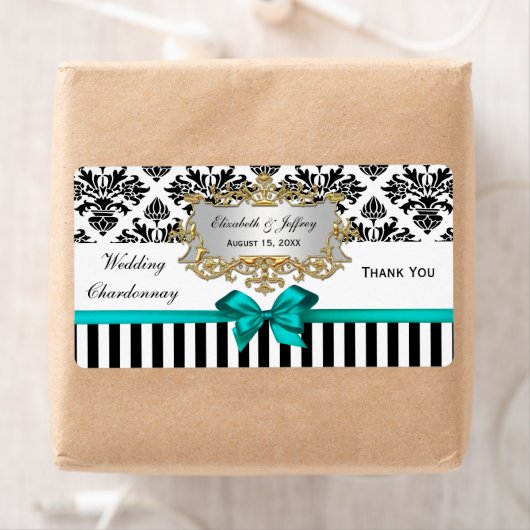 Zwarte witte streep Damask Blauwgroen Wijnlabel Etiket (Insitu)