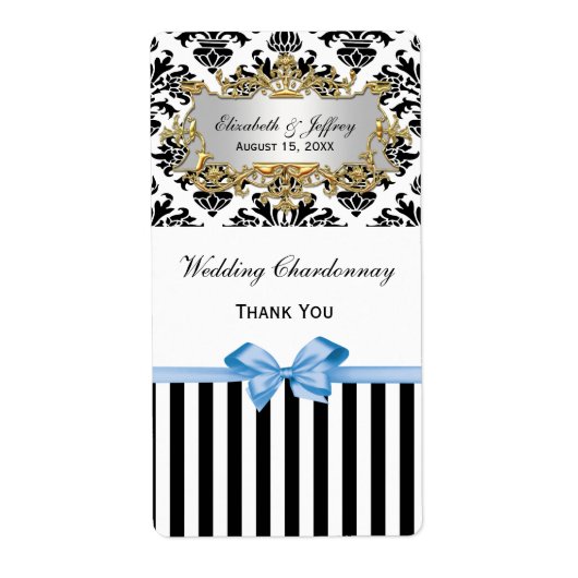 Zwarte witte streep Damask Lt Blue Party Wine Labe Etiket (Voorkant)