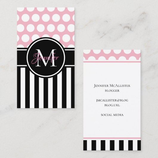 Zwarte witte strepe polaire dot Bleek roze monogra Visitekaartje (Voorkant / Achterkant)