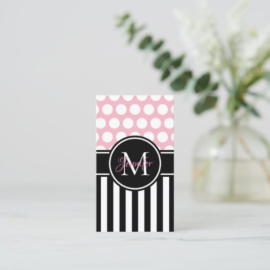 Zwarte witte strepe polaire dot Bleek roze monogra Visitekaartje (Staand voorkant)