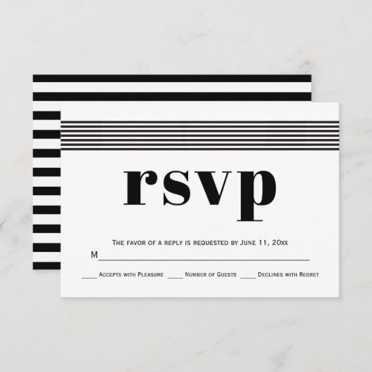 Zwarte witte strepen elegant modern bruiloft RSVP (Voorkant / Achterkant)