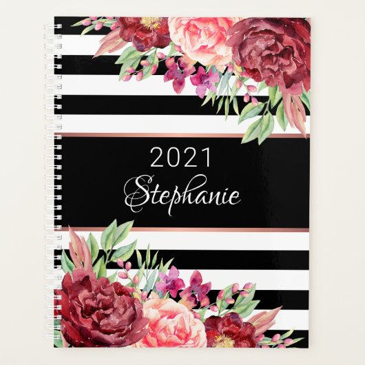Zwarte witte strepen Elegante bloem gepersonalisee Planner (Voorkant)