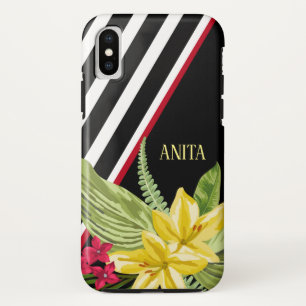 Zwarte witte strepen Gele bloemen iPhone X Hoesje