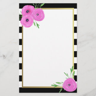 Zwarte witte strepen Roze Ranunculus Floral Briefpapier