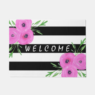 Zwarte witte strepen Roze Ranunculus Floral Deurmat