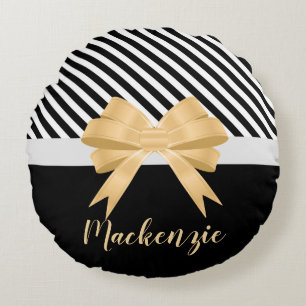 Zwarte witte strepes Goldem Bow Rond Kussen