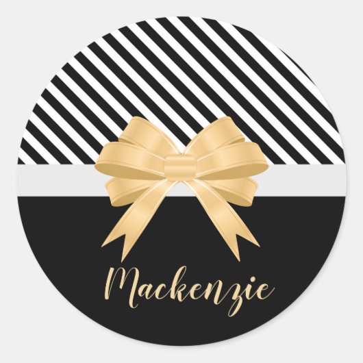 Zwarte witte strepes Goldem Bow Ronde Sticker (Voorkant)